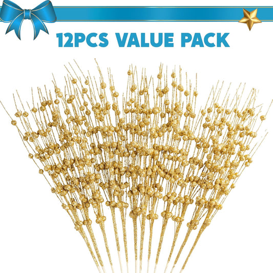 Joyfy 12 Pcs Christmas Tree Berry Stem, 17 Inches Decorative Bead Sticks, Glittery Twigs, Picks, Branches for Christmas Tree, Small Vase, Holiday, Wedding, Party (Gold)