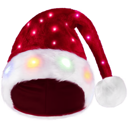 Joyfy Light Up Santa Hats Adult Christmas Hat Elf Xmas Party Hat Red Plush Hat for Adult Women Men