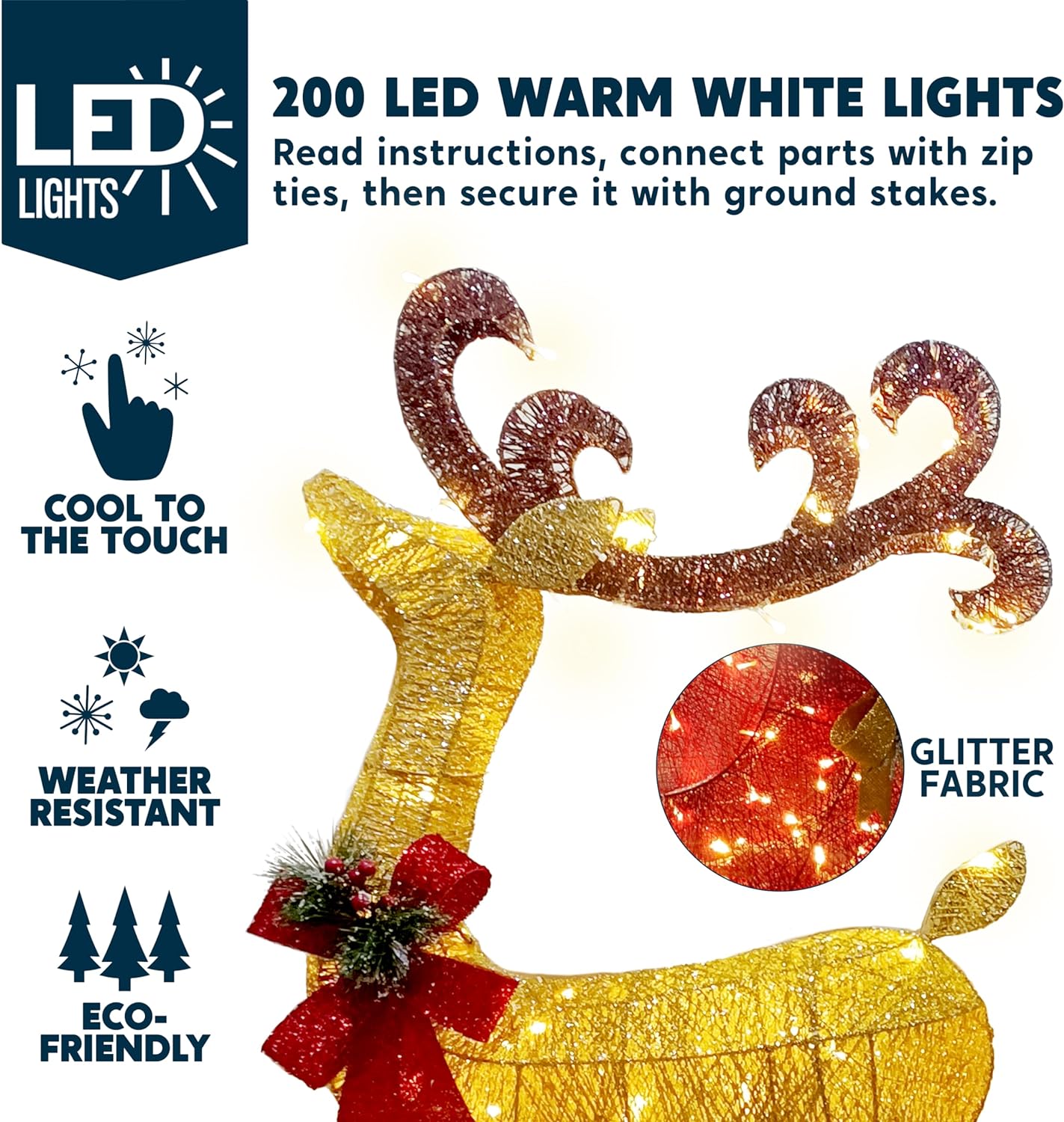 SYNCFUN 4 FT Reindeer Christmas Outdoor Yard Light Decorations,200 LED Lights Reindeer and Sleigh for Christmas Outside Lawn Decor,Warm White Light