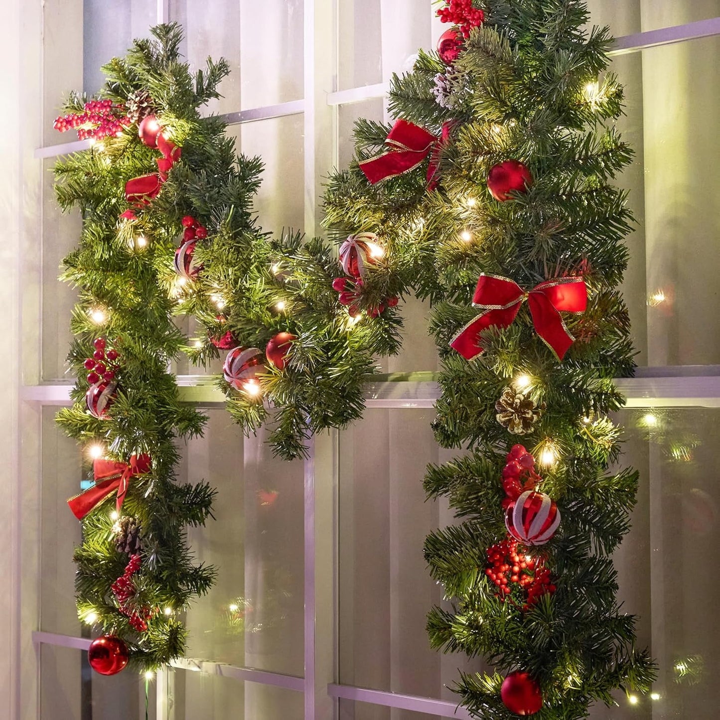 Joyfy 9FT Christmas Garland Prelit with 50 Count String Lights, Decorated with Pinecones, Bows, Xmas Balls & Berries for Home Dining Table Mantel Porch Winter Christmas Decor