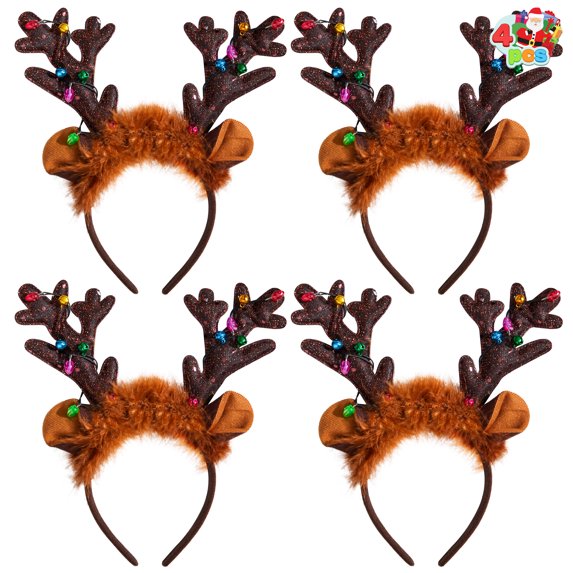 Joyfy Christmas 4 Pieces Reindeer Headbands, Christmas Light Up LED Antlers Reindeer Hat Headbands Holiday Headbands for Christmas Party Supplies and Holiday Party Favors (One Size)