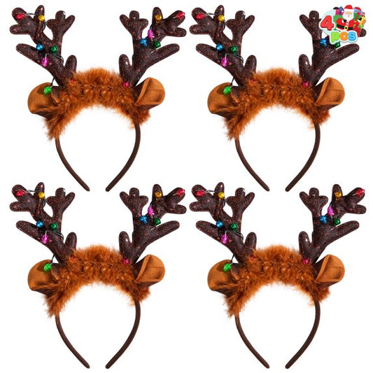 Joyfy Christmas 4 Pieces Reindeer Headbands, Christmas Light Up LED Antlers Reindeer Hat Headbands Holiday Headbands for Christmas Party Supplies and Holiday Party Favors (One Size)