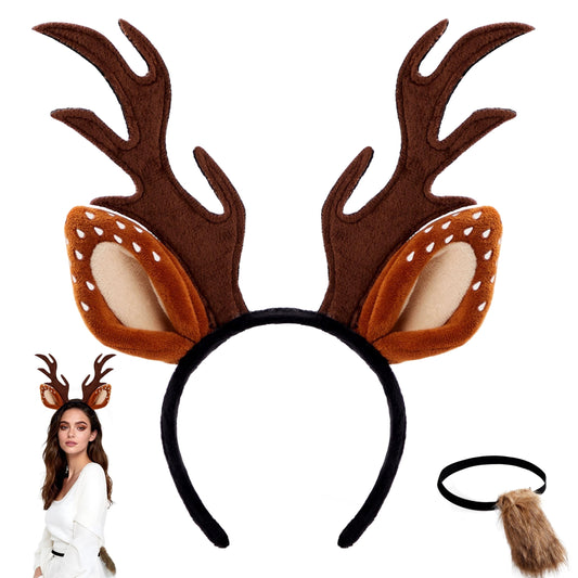 Joyfy Halloween Deer Headband,Antler Headband Reindeer with Fawn Tail for Girls Women,Halloween Party Props Cosplay Accessories