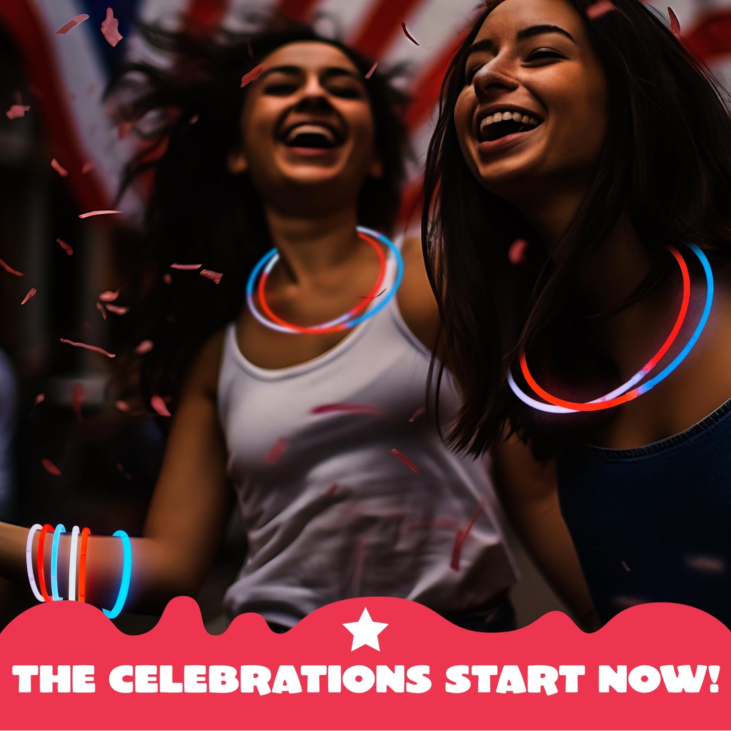 72 July 4th glow sticks with connectors, children's and adult red, white, and blue glow in the dark bracelets