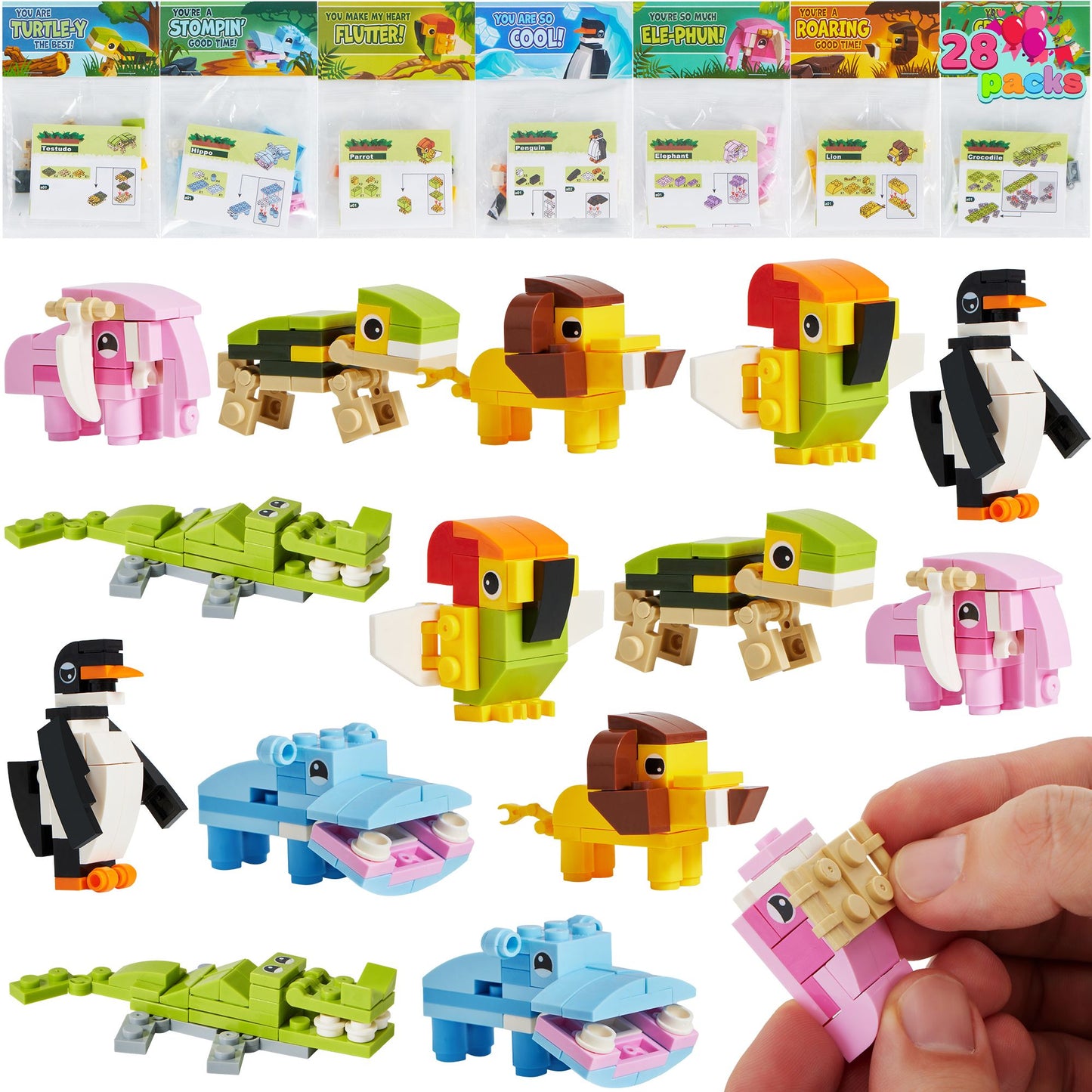 28 Packs Valentines Day Gift Cards with Animal Building Blocks for Valentine's Classroom Exchange Toy,Valentine Party Favor,Kids Classroom School Prize