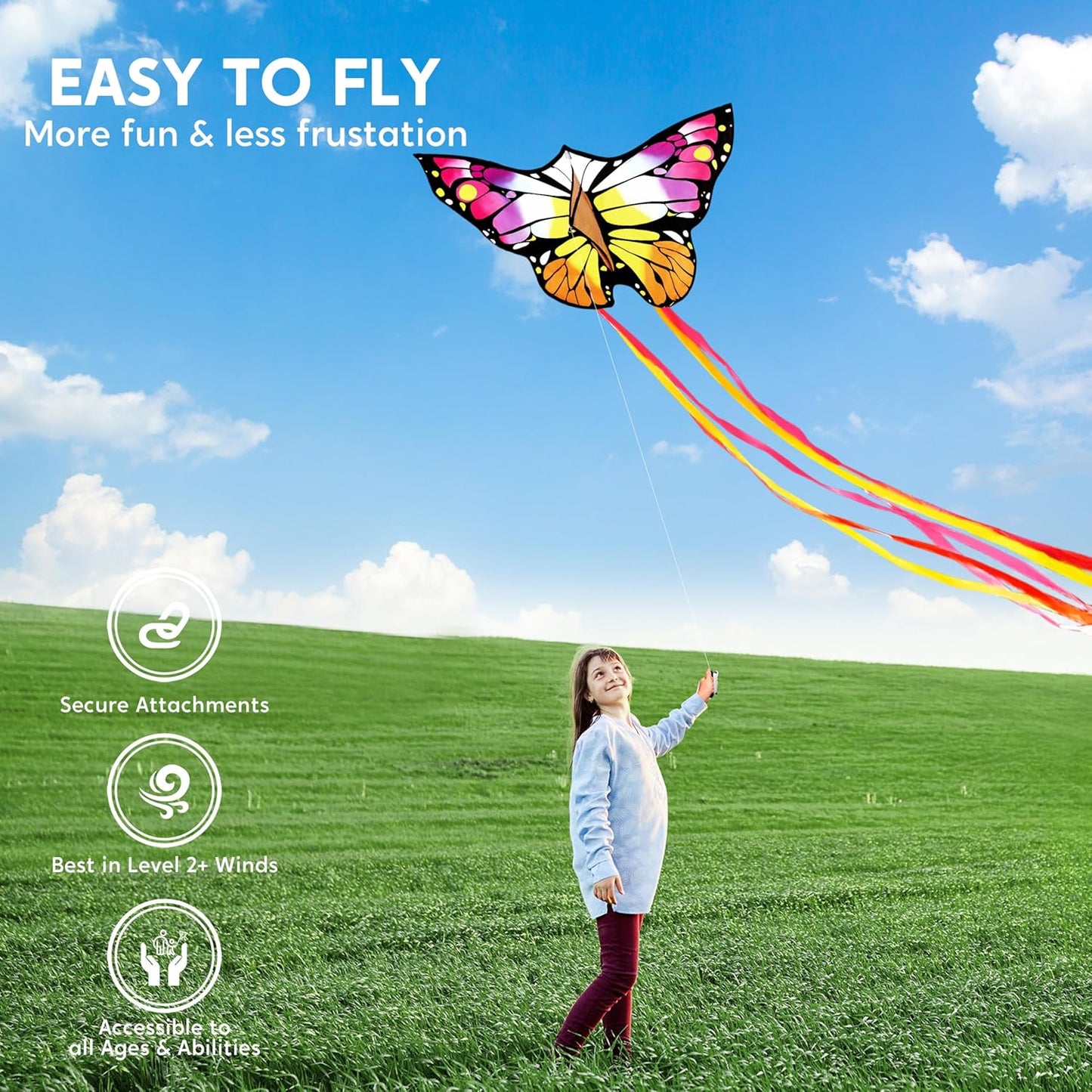 Joyfy Colorful Butterfly Kites Yellow– Easy to Fly for Kids and Adults, Large Beach Kite with 328ft String for Outdoor Games and Activities Kids Gifts