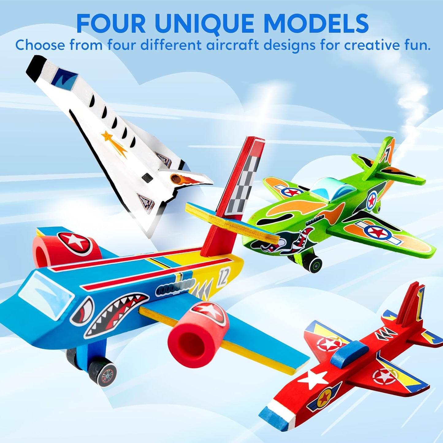 Klever Kits 4 Piece Wooden Aircrafts Building & Painting Art Kit for Kids, DIY Airplane Toys Birthday Gift for Boys Ages 6+