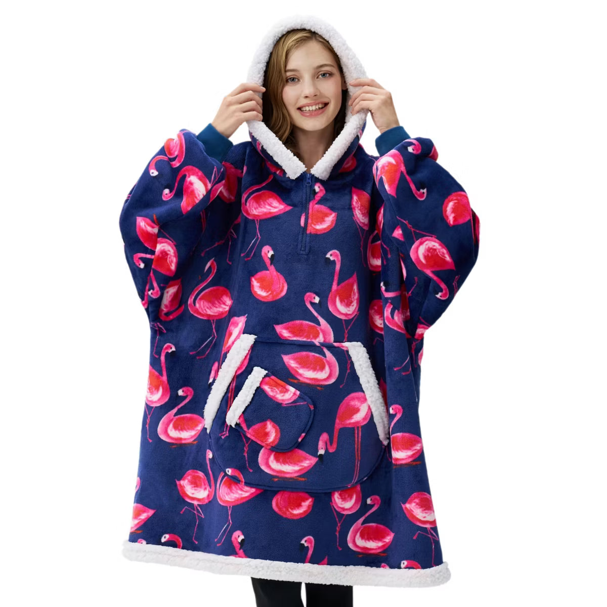 Joyfy Wearable Blanket Hoodie for Women Teen Girls Birthday Christmas Gifts Mom Wife, Flannel Fleece Hooded Robe with Pocket & Sleeves Blue Flamingo