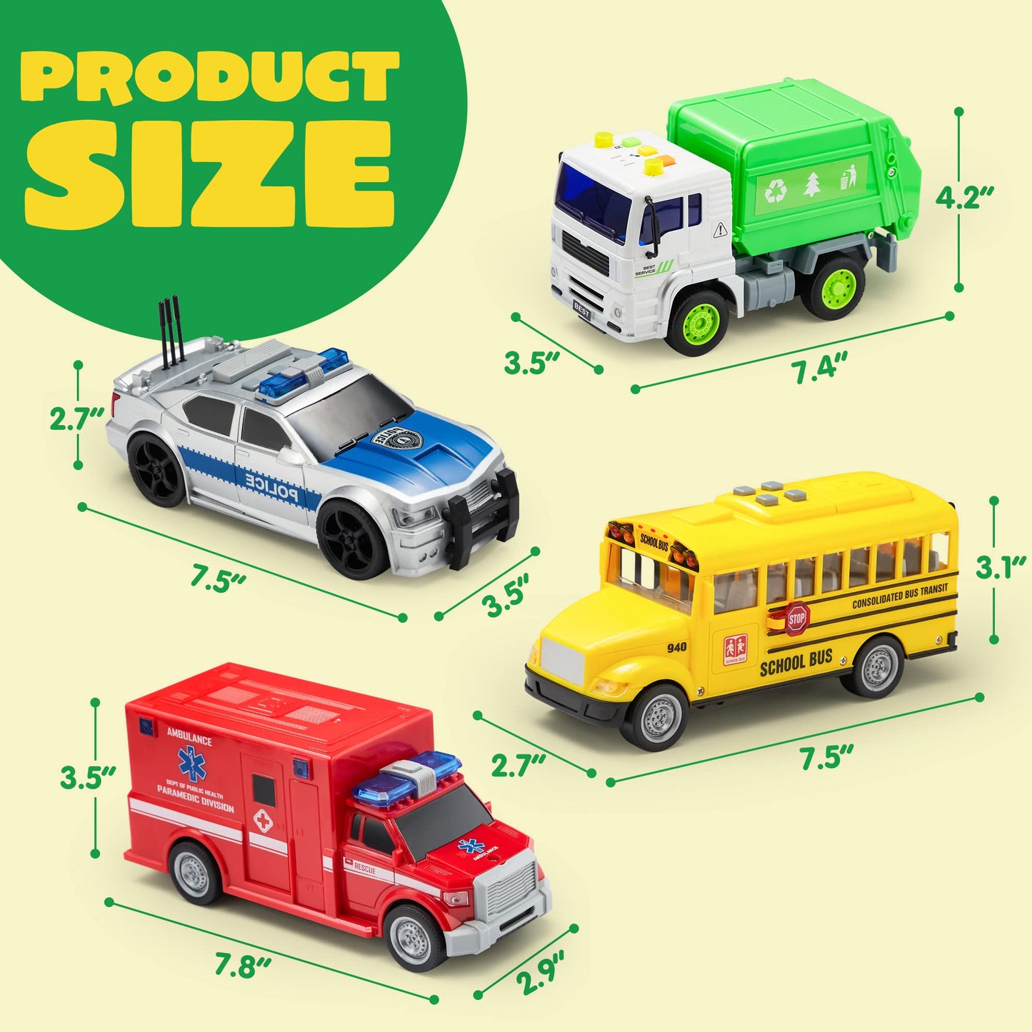 SYNCFUN 4 Pcs 7" Long Vehicle Toy Set, Toddler Car Toys Including Police Car, School Bus, Garbage Truck, Ambulance, Birthday Gifts Toys for Boys 2 3 4 5 6 Years Old