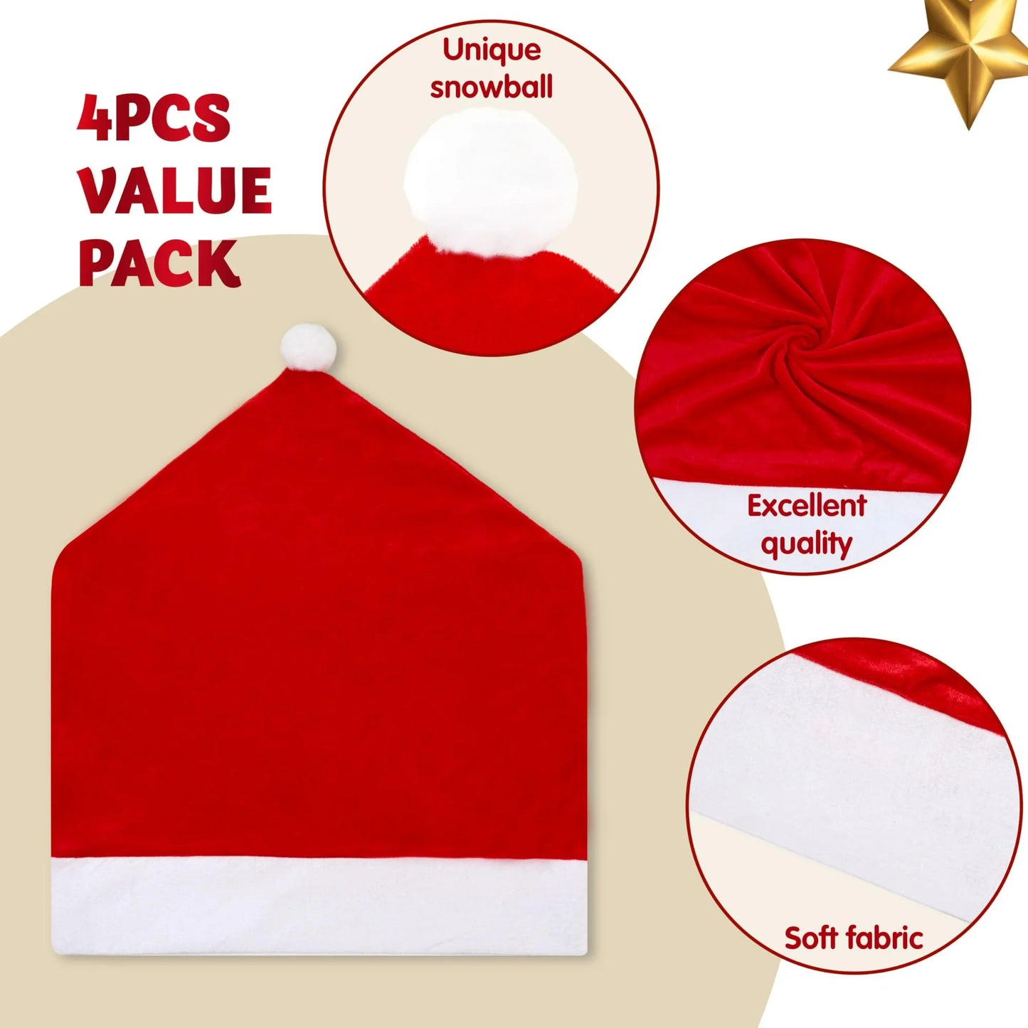 Joyfy 4 Pcs Christmas Chair Cover, Red Santa Hat Chair Slipcovers for Christmas Decoration