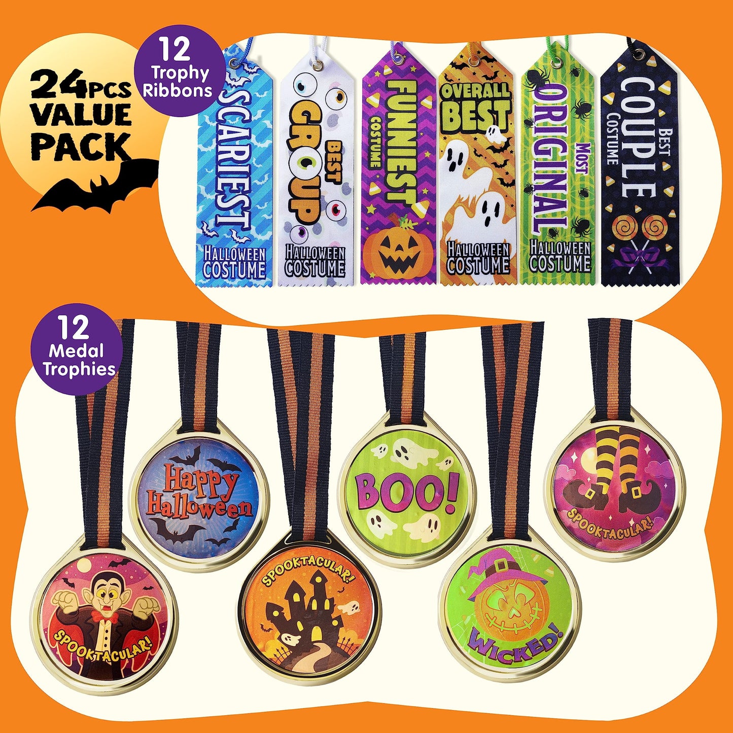 Joyfy 24 Pcs Halloween Carnival Prizes,Halloween Medal Trophies and Trophy Ribbons Games,Best Costume Trophy Halloween for Adults Kids,Halloween Prizes Bulk,Carnival Party Favors