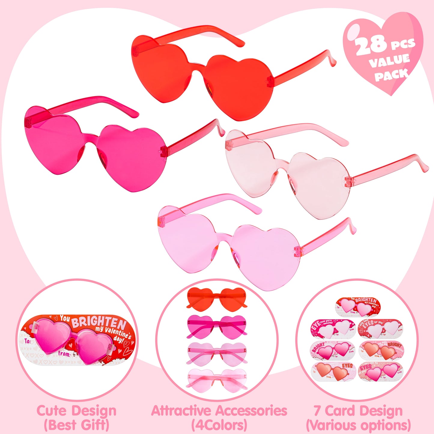 28 Packs Valentine's Day Cards with Heart Shaped Sunglasses for Kids, Valentines School Classroom Exchange Gifts, Valentines Party Favors