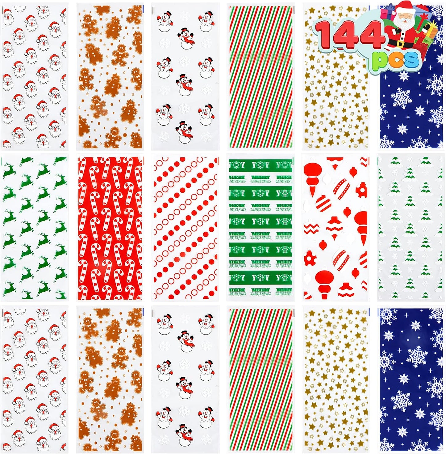 Joyfy 144 Pcs Christmas Cellophane Bags with Ribbon Candy Cookie Bags for Holiday Treats, Christmas Party Favors Supplies, Christmas Clear Cello Gift Bags, Xmas Goodie Bags