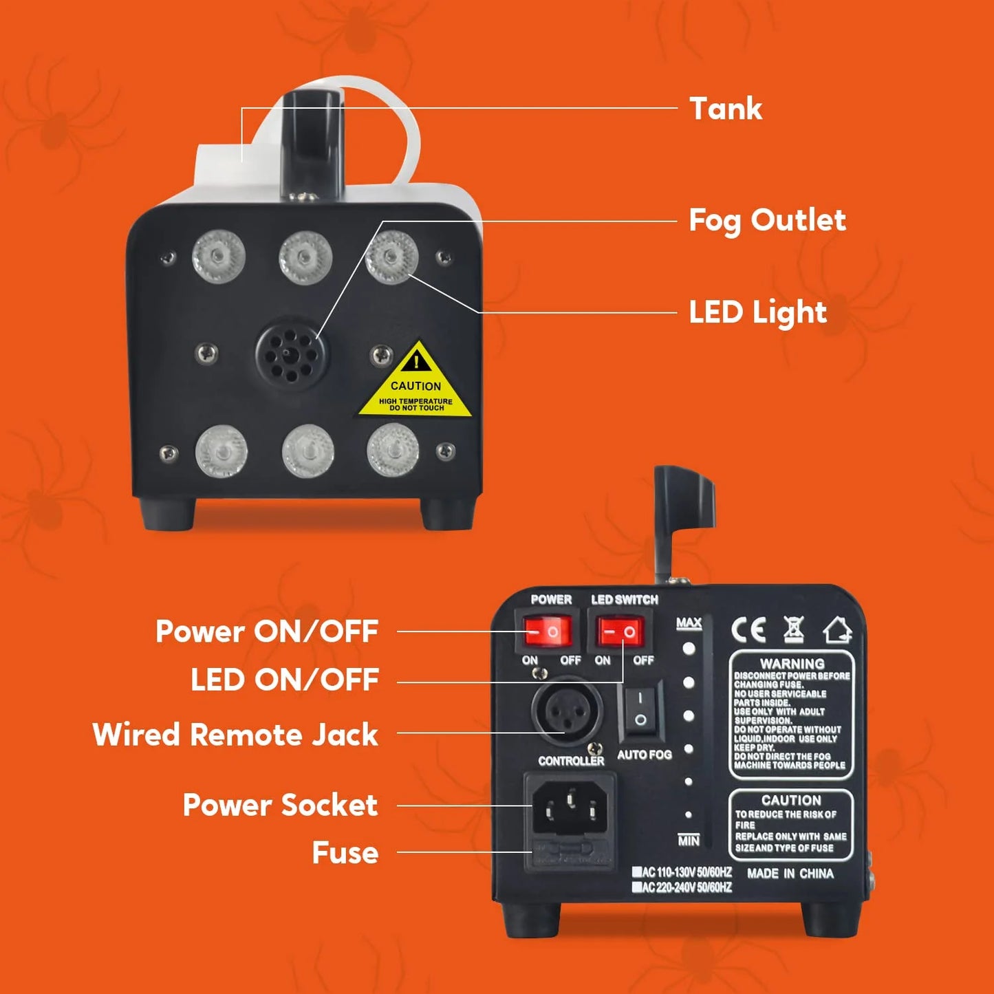 SYNCFUN Halloween Fog Machine,Outdoor Fog Machine with 6 Colorful LED Lights & Wireless Remote Control for Wedding,Halloween,Party and Indoor