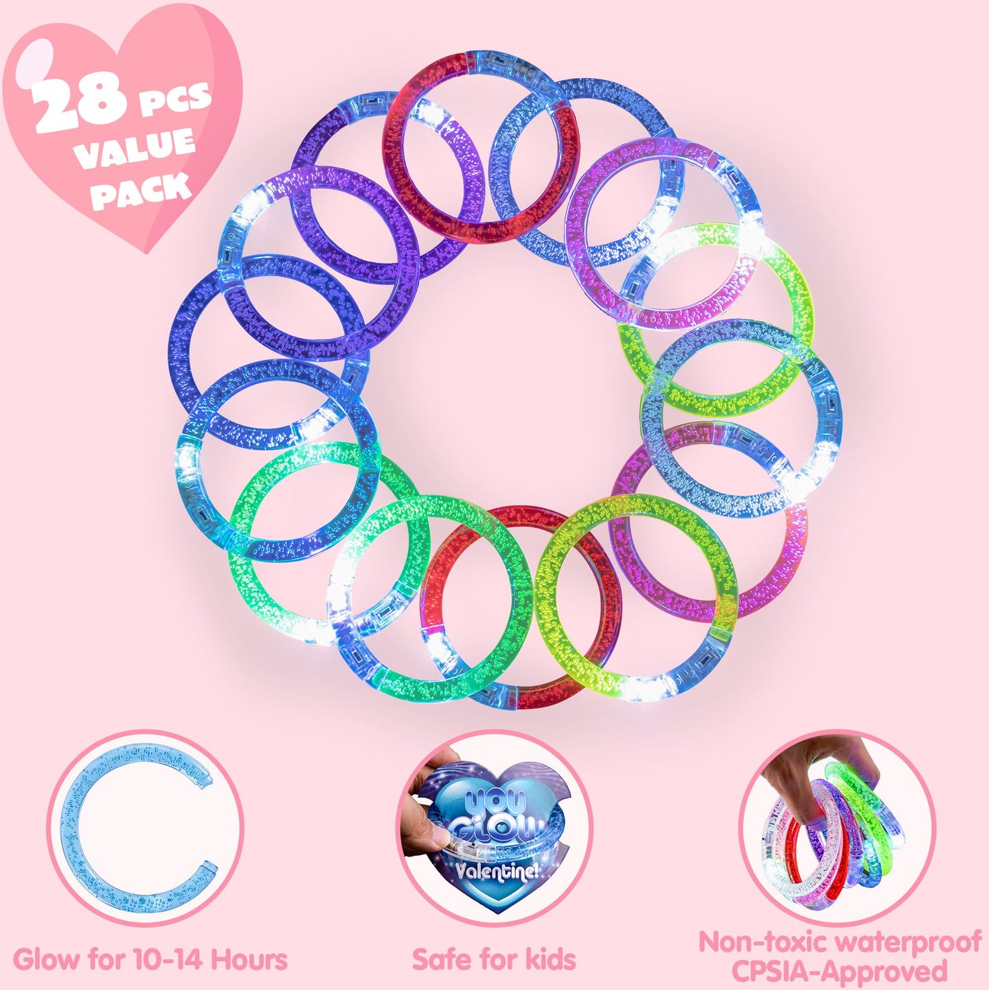 28 Packs Valentine's Day Gift Cards with Flashing LED Bracelets for Valentine Light Up Party Favor Toy, Valentine's Classroom Gift Exchange, Kids and Adults, Glow Accessories