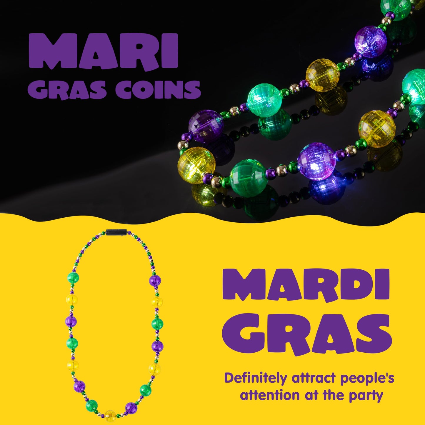 41 inch LED Carnival Giant Bead Necklace, Gold Green Purple Luminous Necklace
