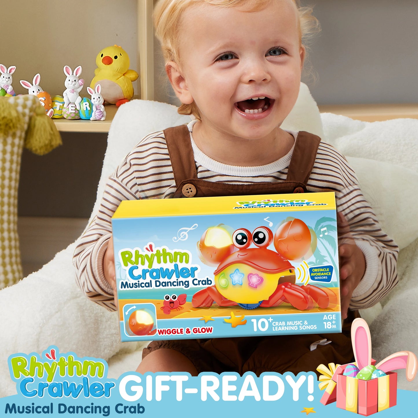 Joyfy Crawling Crab Baby Toy - Tummy Time Toy for Boys Girls, Interactive Big Crab Toy with Lights Buttons, Dancing Crab Auto-Avoiding Obstacles, Gift for Toddlers