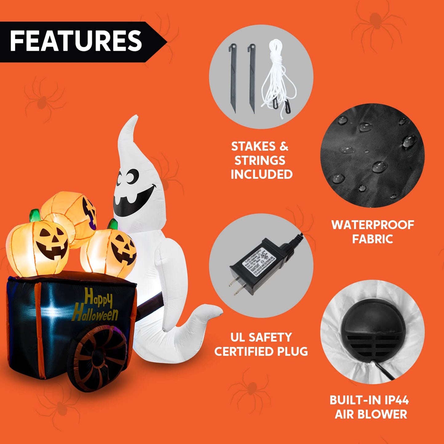 Syncfun 6 FT Halloween Inflatable Ghost Pushing Pumpkin Cart Decorations with Build-in LEDs,Outdoor Halloween Ghost Decorations Blow up Yard Decorations