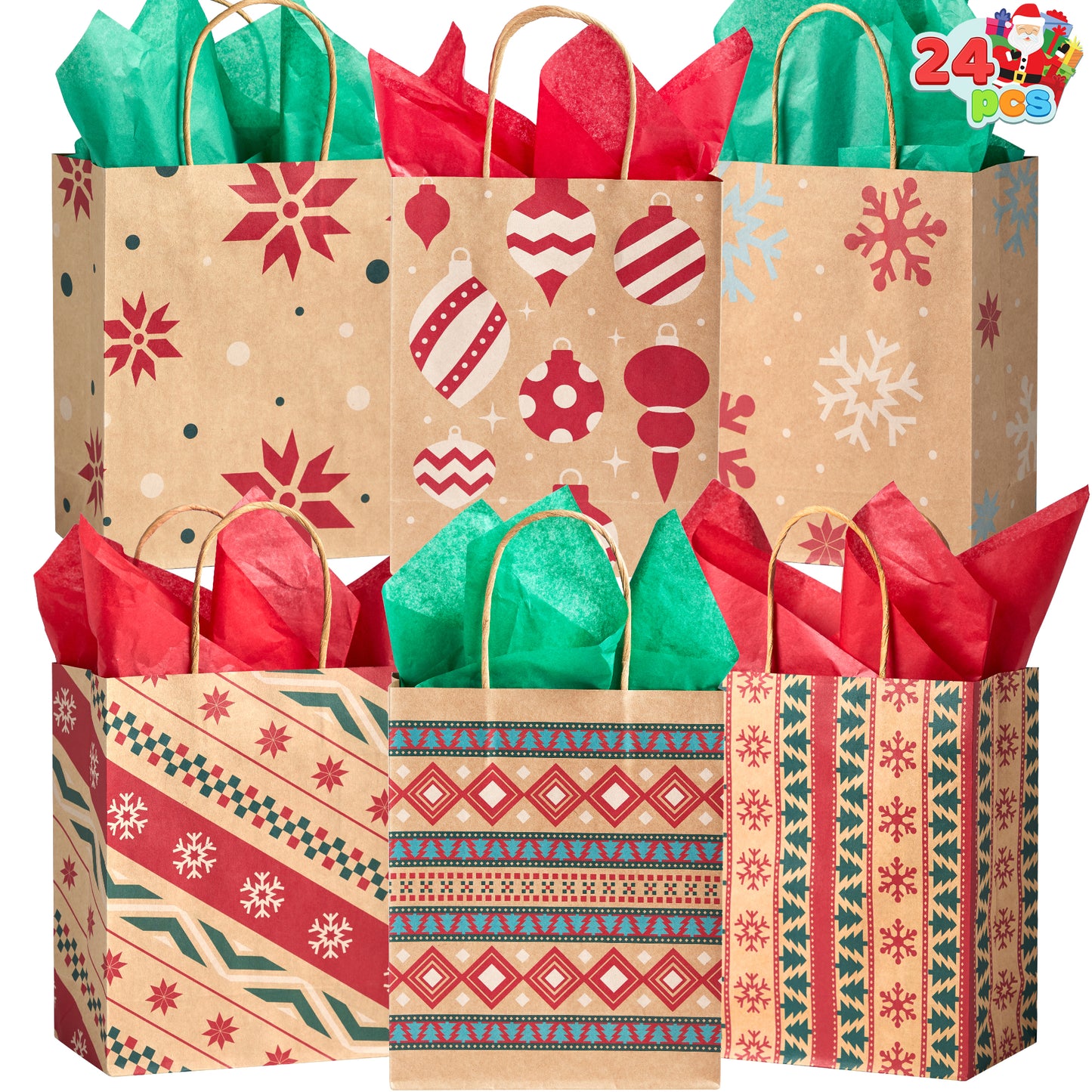 Joyfy 24 Pcs Christmas Kraft Gift Bags With Handle for Holiday Paper Gift Bags, Christmas Goody Bags, Xmas Gift Bags, School Classrooms Party Favors Supplies