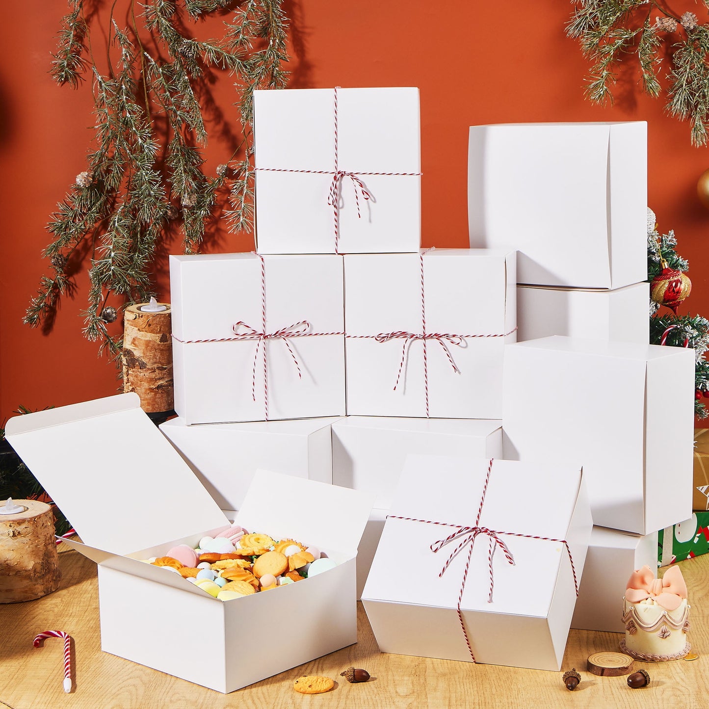 12 Pcs White Square Cookie Boxes, Plain White Treat Boxes with Lids 8" x 8" x 4" Bakery Gift Wrapping Box for Party Favor Pastries, Birthday Party, Present, Thanksgiving, Winter Holidays