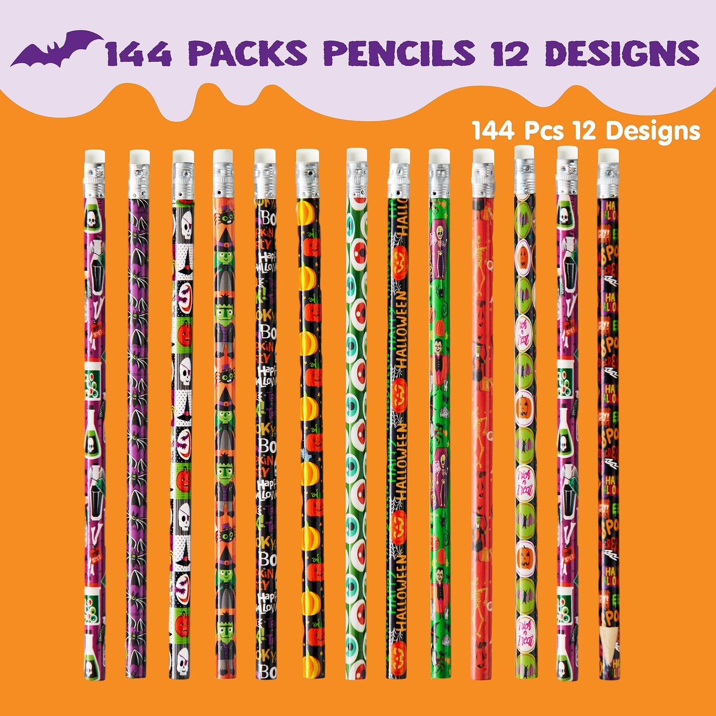 SYNCFUN 144 Pcs Halloween Pencils Bulk with Eraser for Kids,Colorful Pencils Stationery Pencil Set,Halloween Favors Prizes for Kids,Halloween Bulk Toys
