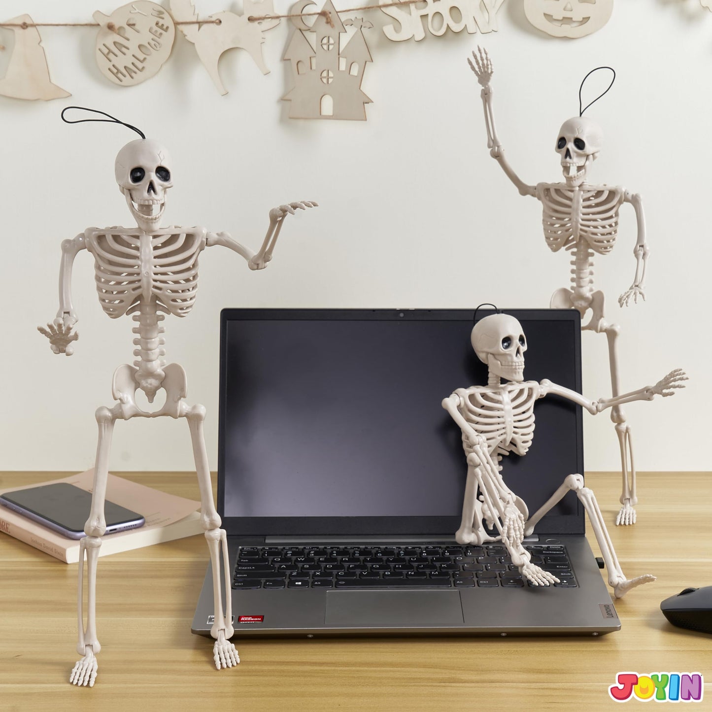 Joyfy 3 Pcs Skeleton Halloween Decorations,16 Inch Full Body Poseable Skeleton with Movable Joints for Halloween Indoor Outdoor Party,Graveyard,Haunted House Accessories