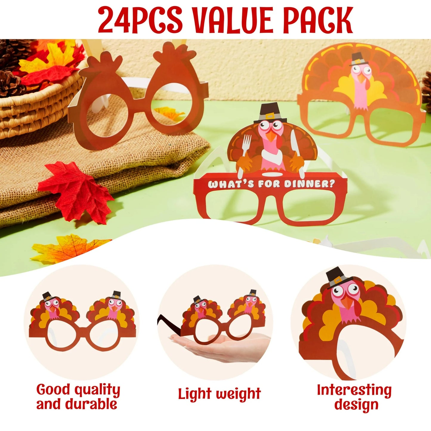 SYNCFUN 24 Pcs Turkey Eyeglasses,Thanksgiving Headband Turkey Costume Adults Kids