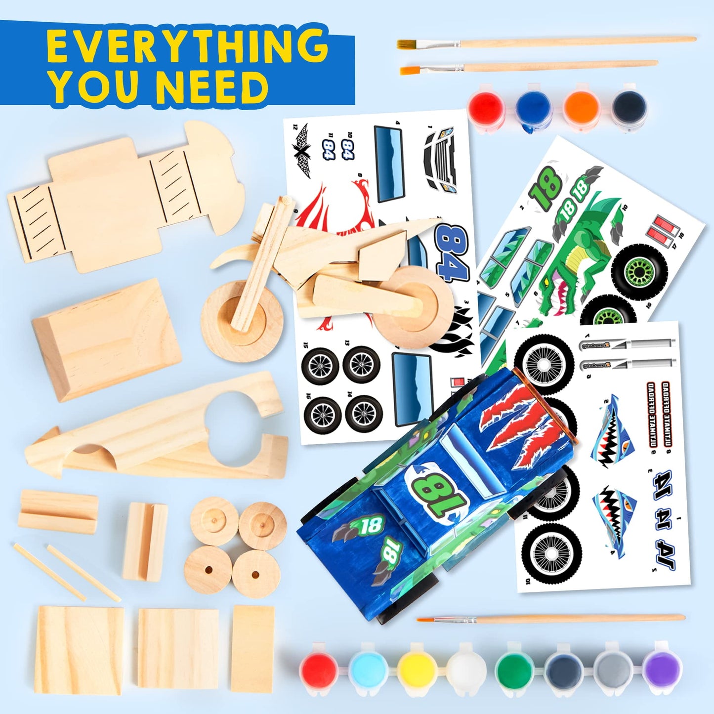 SYNCFUN 3 Piece DIY Wooden Race Car Painting Kit for Kids, Birthday Toy for Boys Girls Ages 6+
