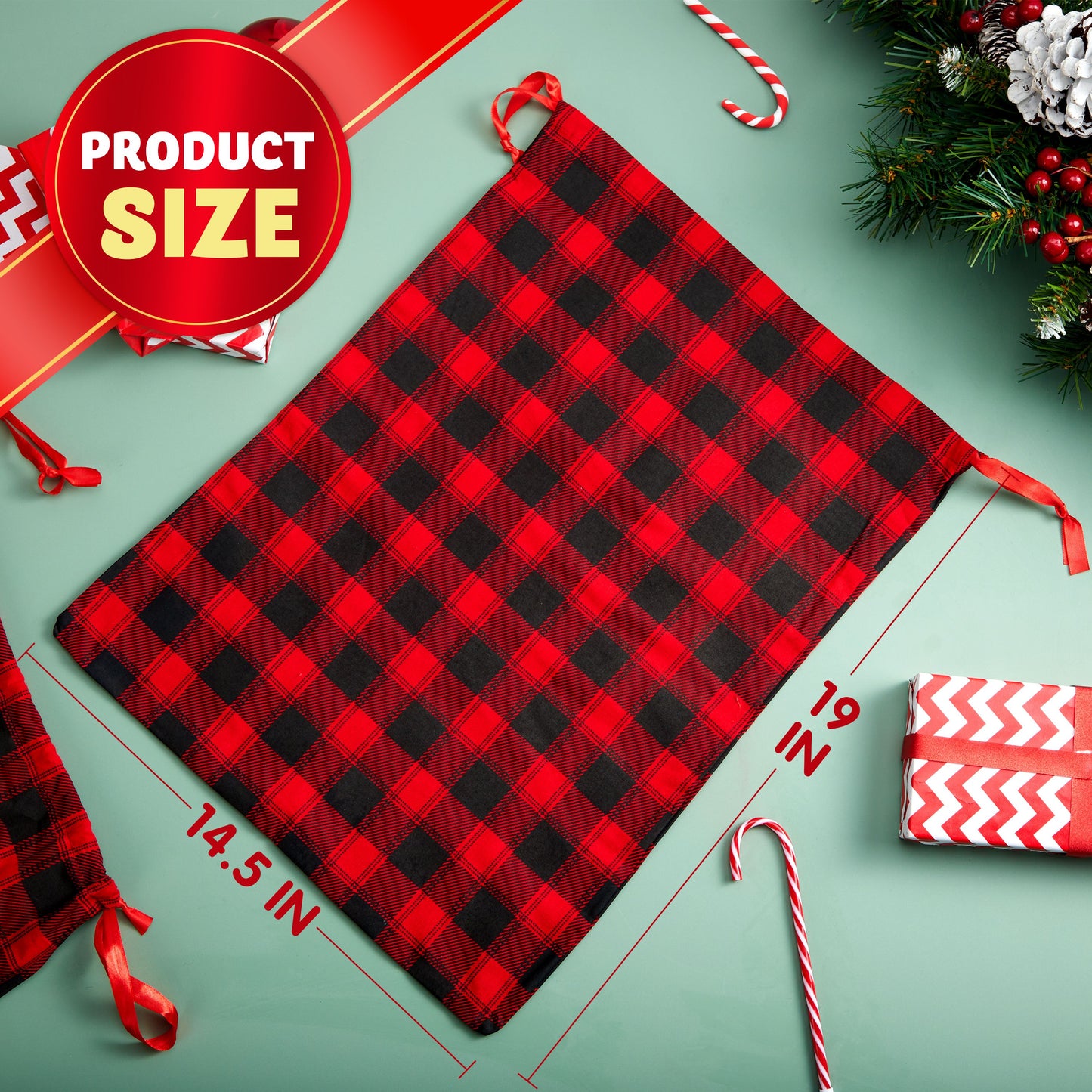 Joyfy 6 Pcs Christmas Fabric Drawstring Gift Bags 19" x 14.5" Reusable Christmas Sacks Buffalo Plaid Pouches Gift Wrapping Bag Set for Xmas Holiday Presents Décor, Giant Gifts Decorations