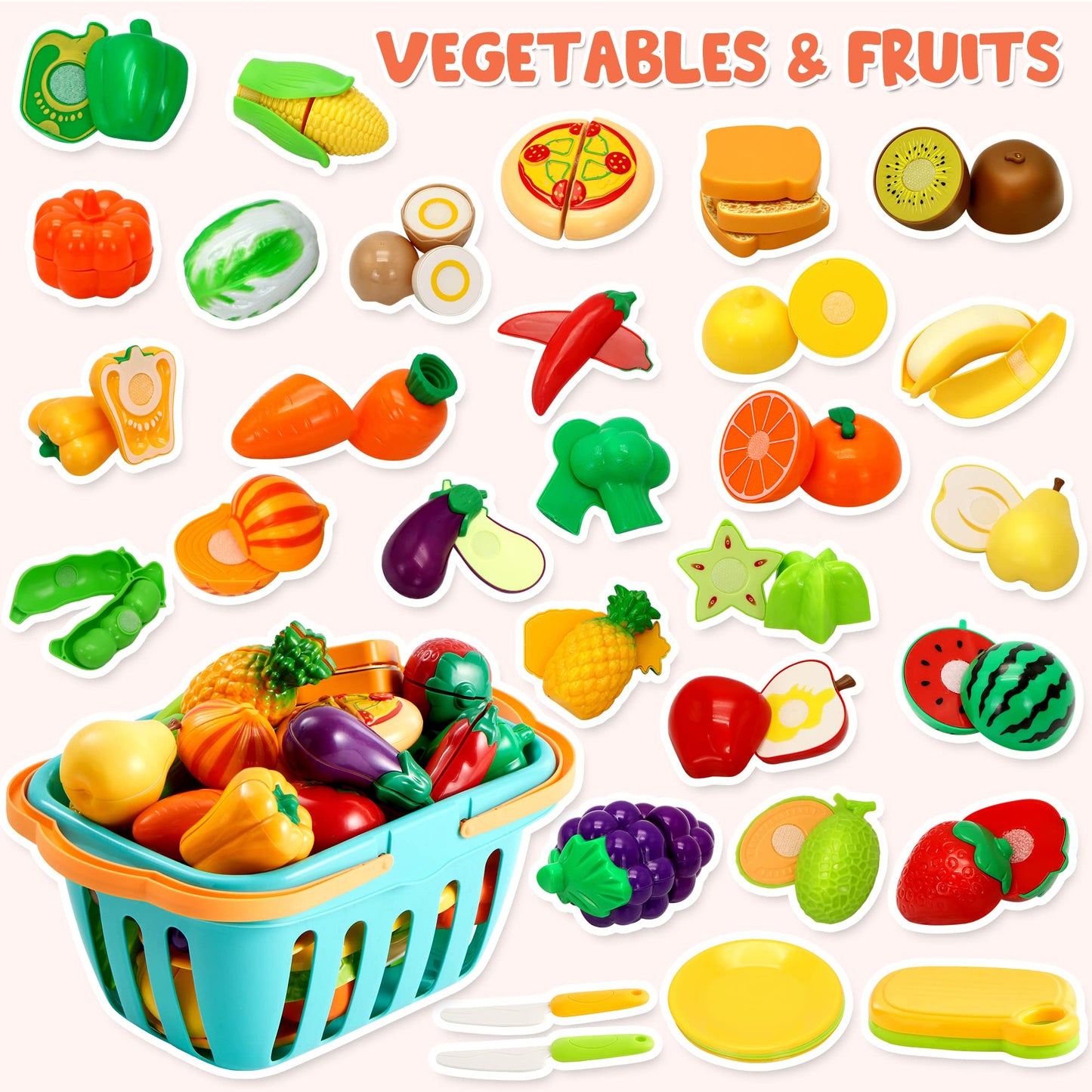 JOYIN 68 PCS Cutting Play Food Toy for Toddlers Kitchen, Fake Food for Kids Play Kitchen, Includes Plastic Fruit &Vegetables, Storage Basket, Mini Dishes and Knife, Pretend Play Toys, Toddler Gifts