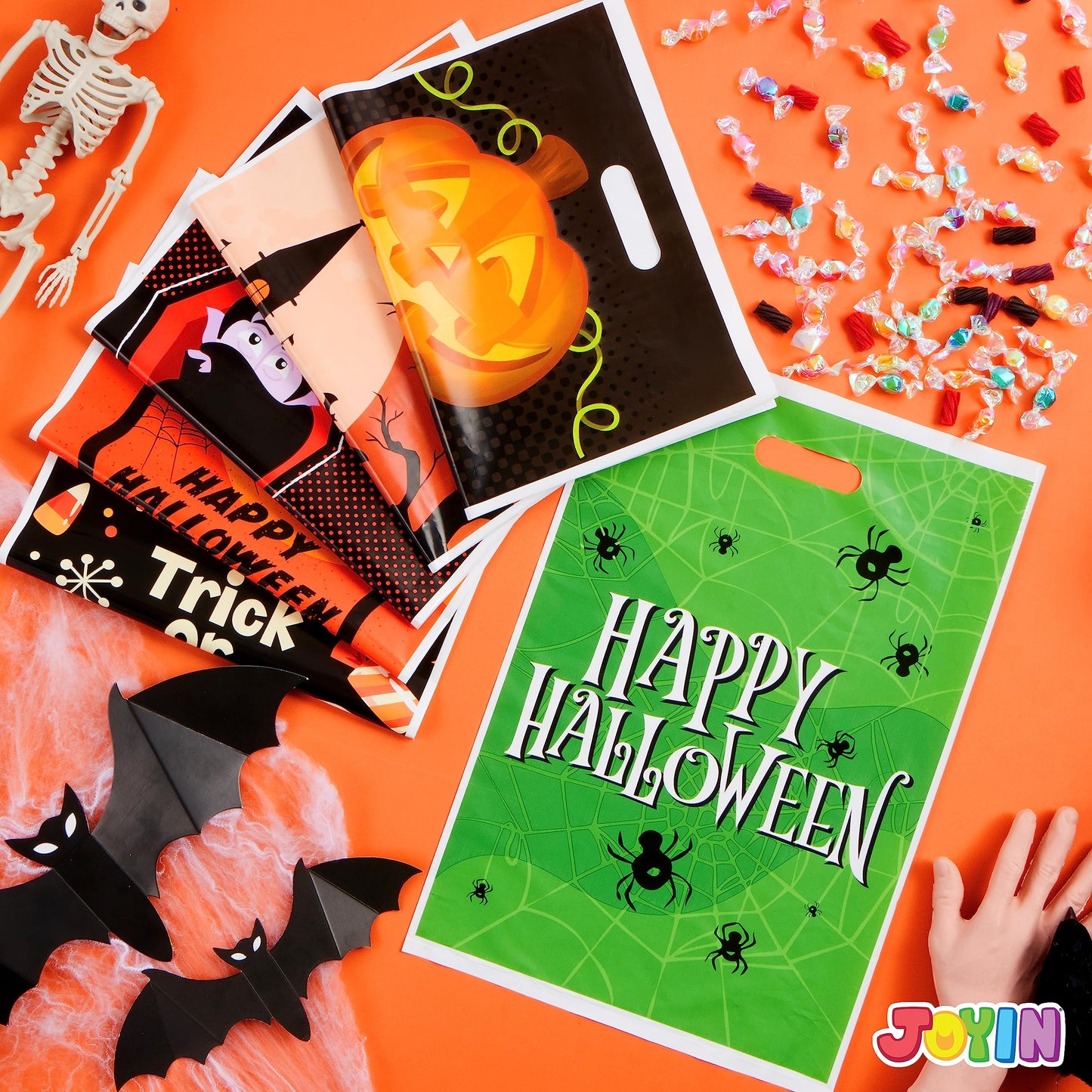 SYNCFUN 72 Pcs Halloween Treat Bags Goodie Bags Plastic Halloween Candy Bags Trick or Treat Creepy Designs Halloween Bags for Kids Trick or Treat,Classroom Goody Bags