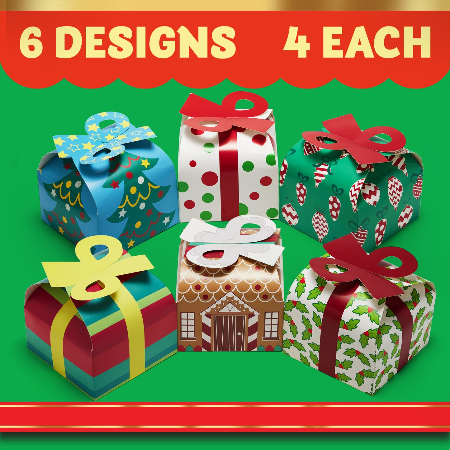 Joyfy 24 Pcs 3D Christmas Goody Gift Boxes with Bow for Holiday Xmas Goodie Paper Boxes, School Classroom Party Favor Supplies, Candy Treat Cardboard Cookie Boxes