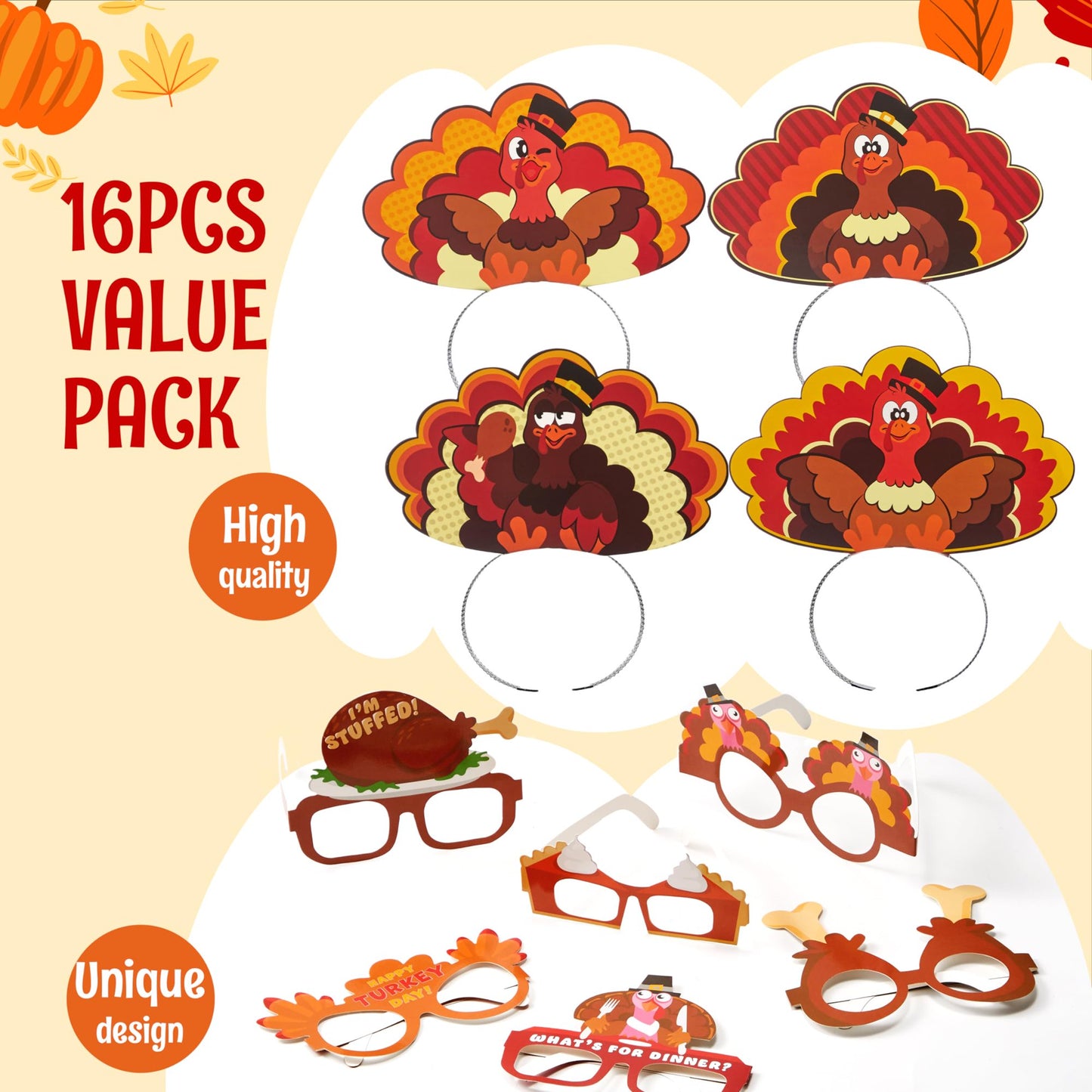Joyfy 16 Pack Thanksgiving Turkey Headbands and Glasses Frame for Kids Adult,Thanksgiving Party Role Play