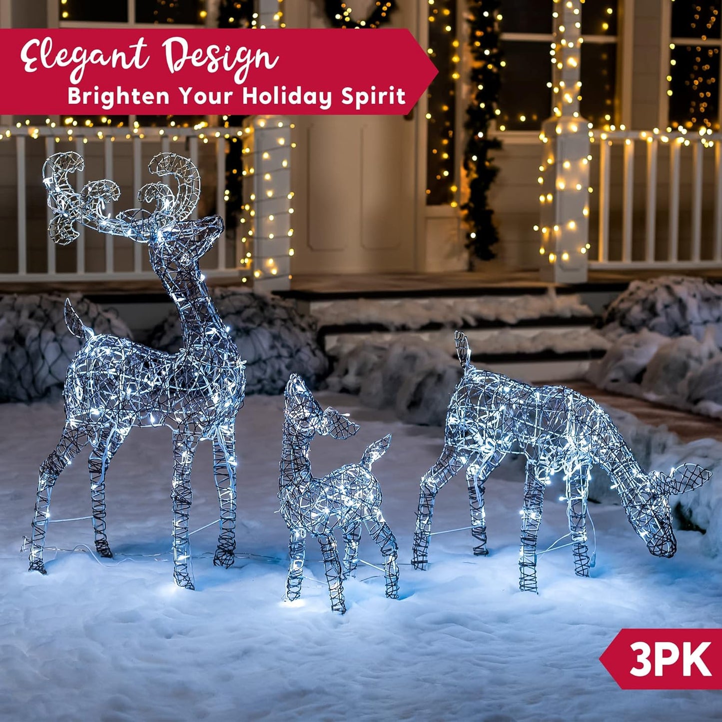 SYNCFUN 3 Pack Reindeer Christmas Outdoor Yard Light Decorations,185 LED Lights Deer Family for Christmas Outside Lawn Decor,Cool White