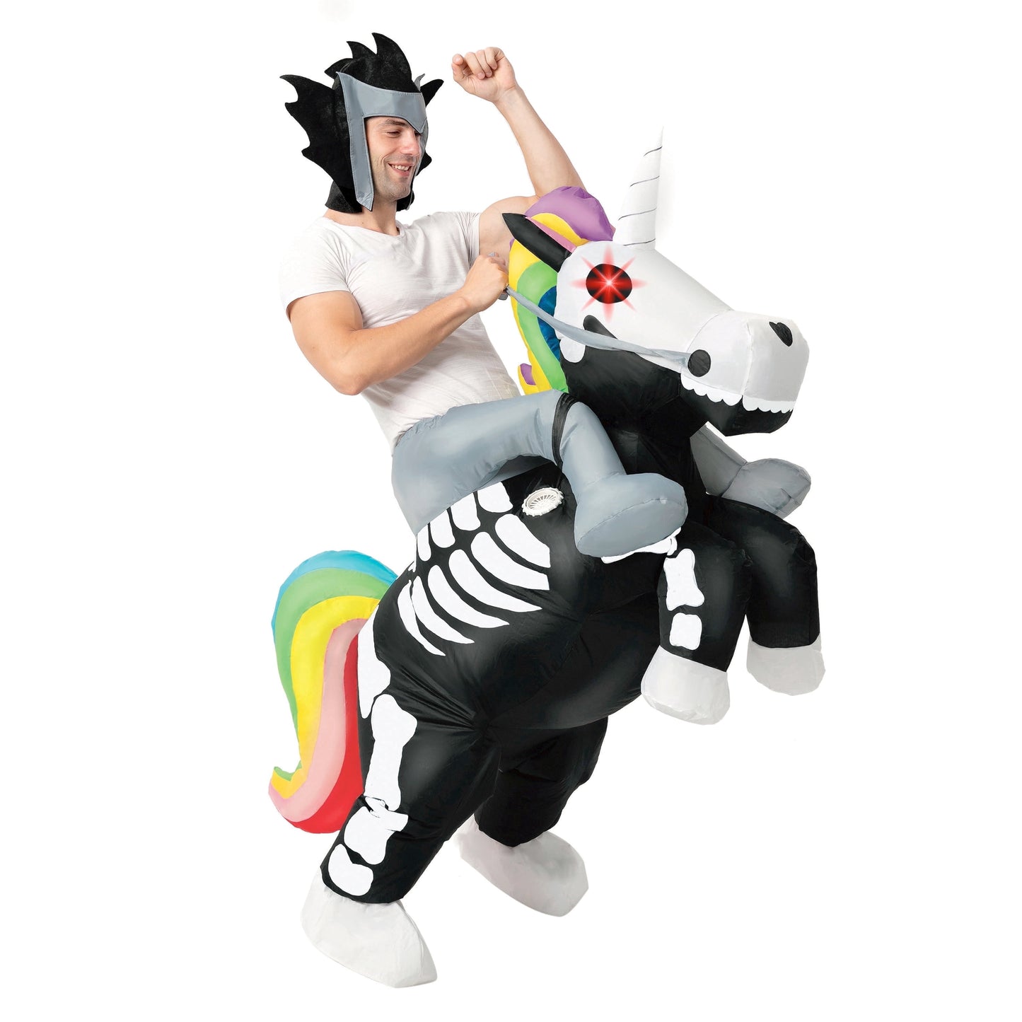 Joyfy Halloween Inflatable Costume for Adults, Skeleton Unicorn Ride On Costume with LED Light Eyes for Dress Up Party