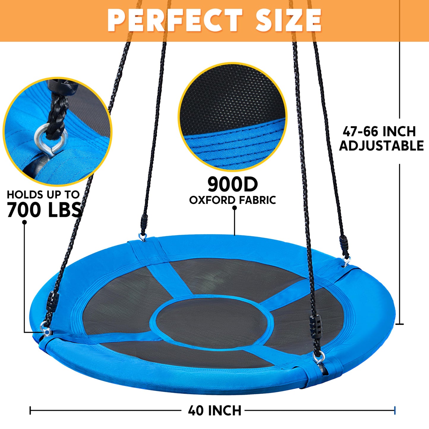 TURFEE 40" Blue Saucer Swing,Waterproof Oxford Fabric Platform Swing Seat with Adjustable Ropes for Kids Toddlers, Playground Backyard Outdoor indoor Swing