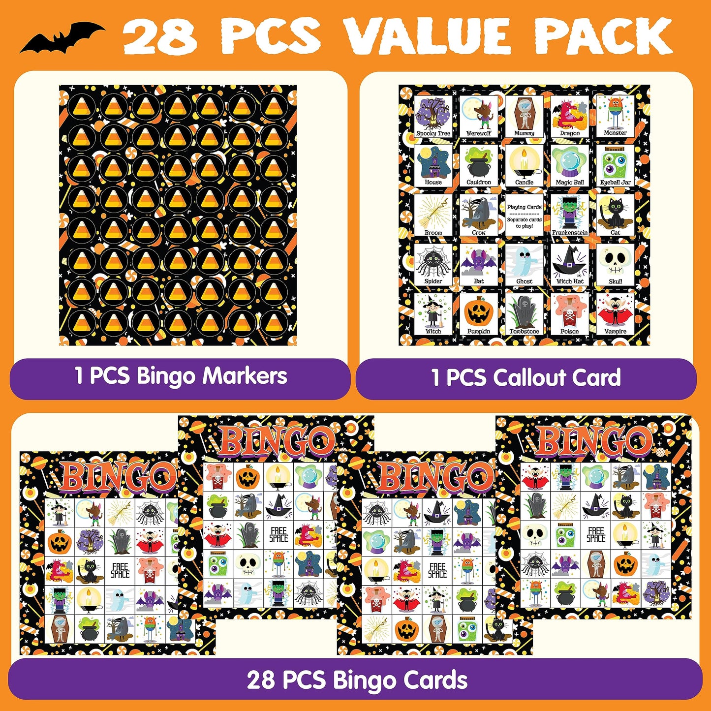 Syncfun 28 Pack Halloween Bingo Game Cards Games for Kids,Halloween Bingo Fun Party Games Classroom Games Activities Party Supplies