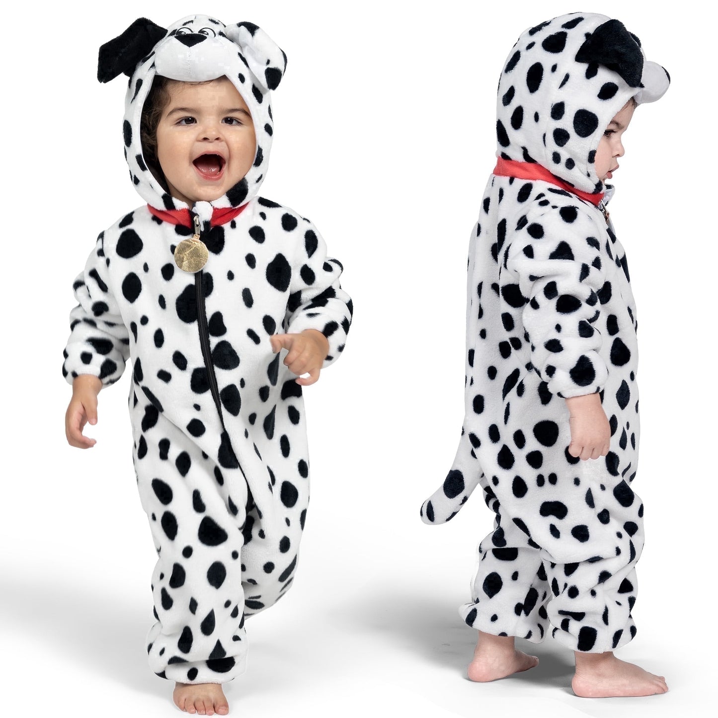 Joyfy Dalmatian Costume for Baby Toddler,Hooded Zipper Puppy Jumpsuit Pajama for Halloween Dress Up Party,12 18 Months