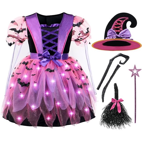 Joyfy Kid Witch Costume, Girl Light Up Witch Costume with Hat and Broom for Kids, Toddler Halloween Dress Up
