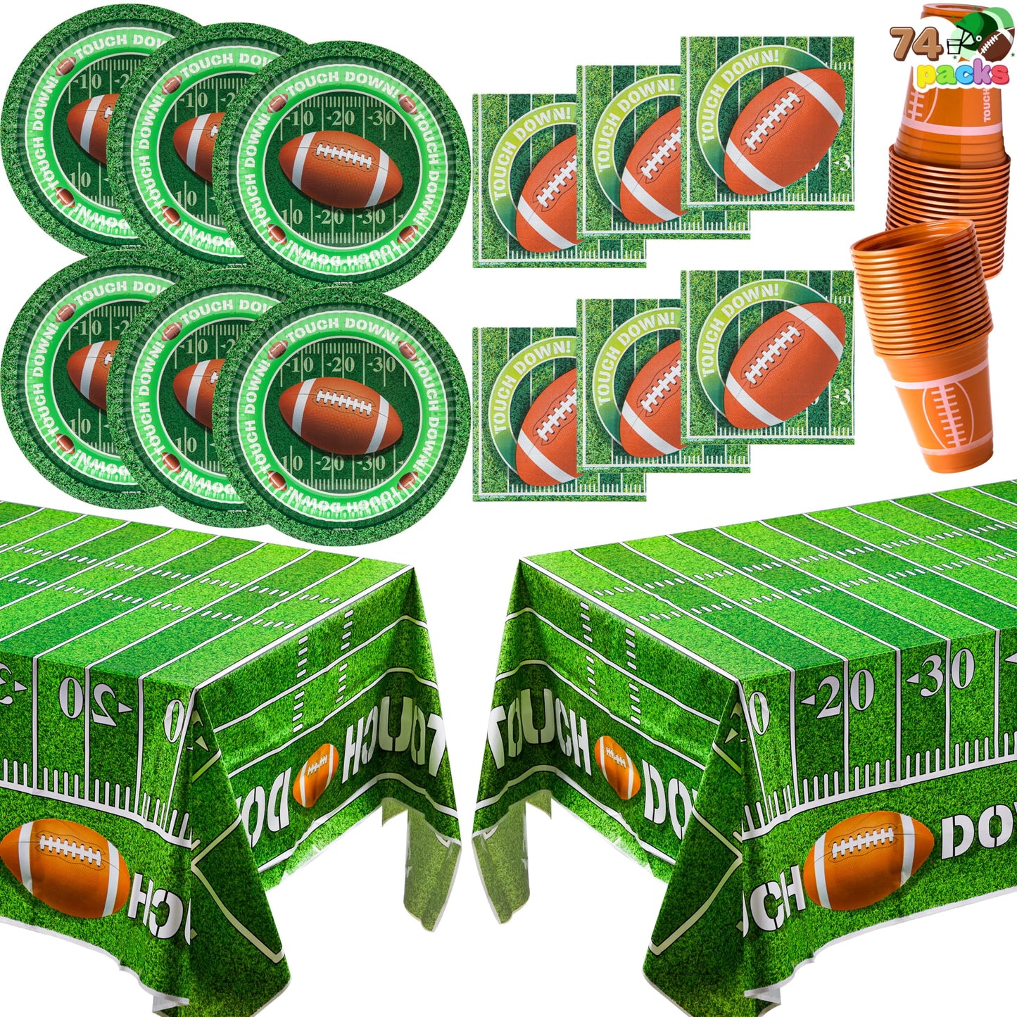 74 football match day party supplies packages -18 football themed cups, 18 plates, 36 napkins,