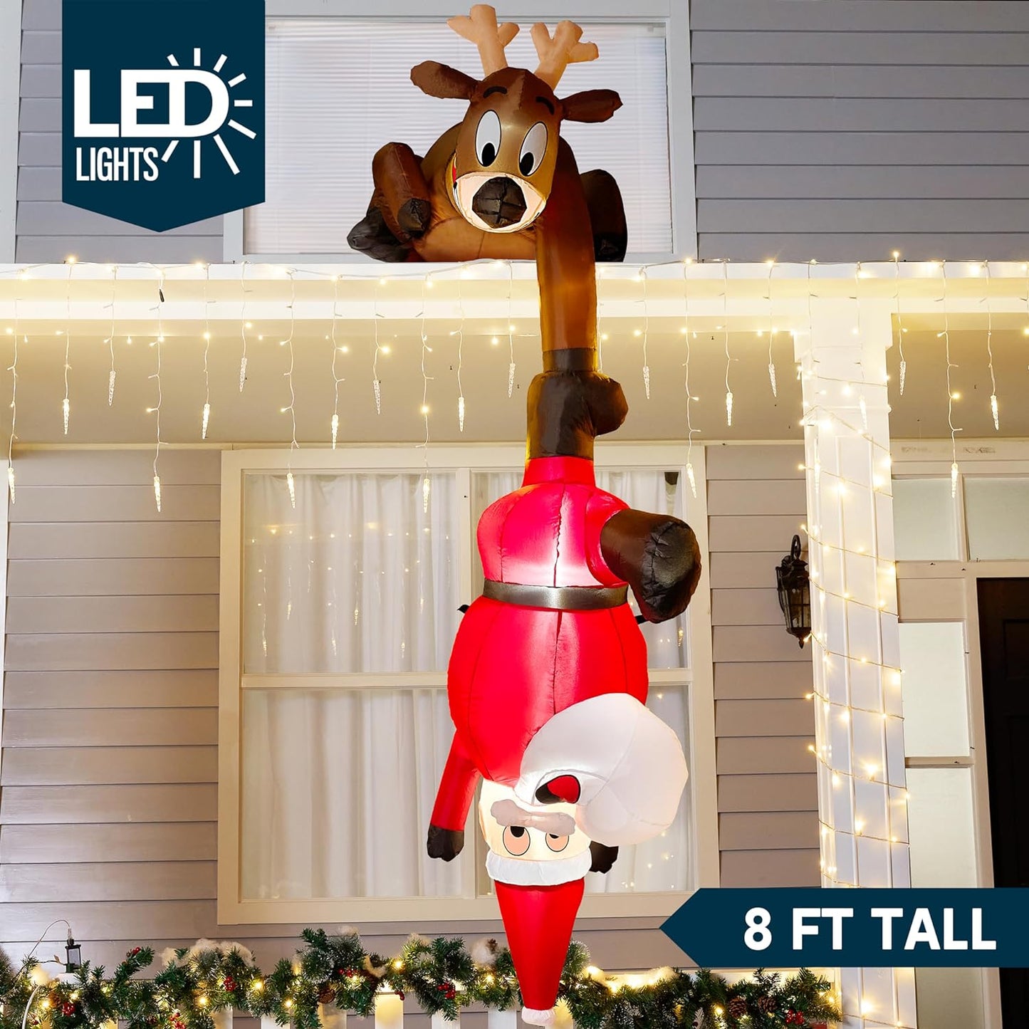 Joyfy 8 FT Christmas Inflatables Santa Outdoor Decorations,Christmas Reindeer and Climbing Santa Blow Ups Yard with Built-in LEDs for Holiday Party Garden Lawn Decor