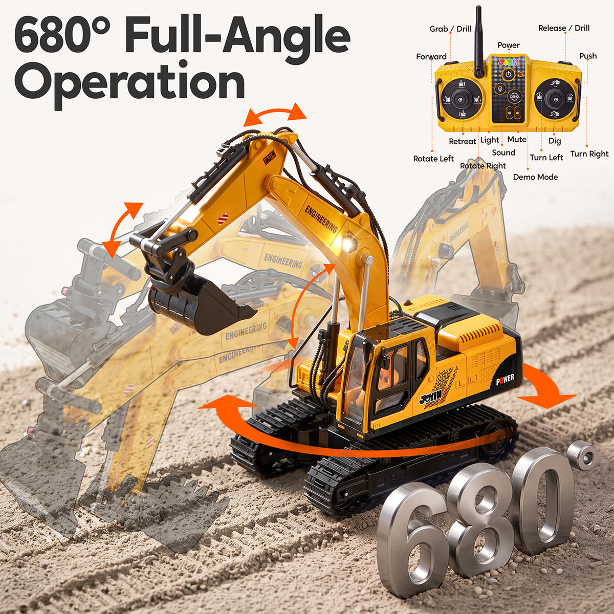 Joyfy 3-in-1 RC Excavator Construction Toy for Kids, 11 Channel Precise Control for Outdoor Play Sandbox Digger Toys, 680° Rotatable Cab, Christmas & Birthday Gifts for Kids 3-8-12