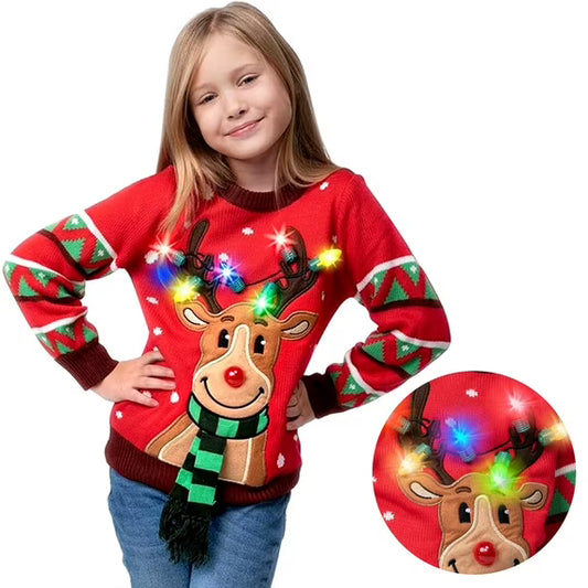 Joyfy Light Up Ugly Christmas Sweater for Kids,Funny LED Reindeer Christmas Sweater for Girls Boys,Holiday Sweater