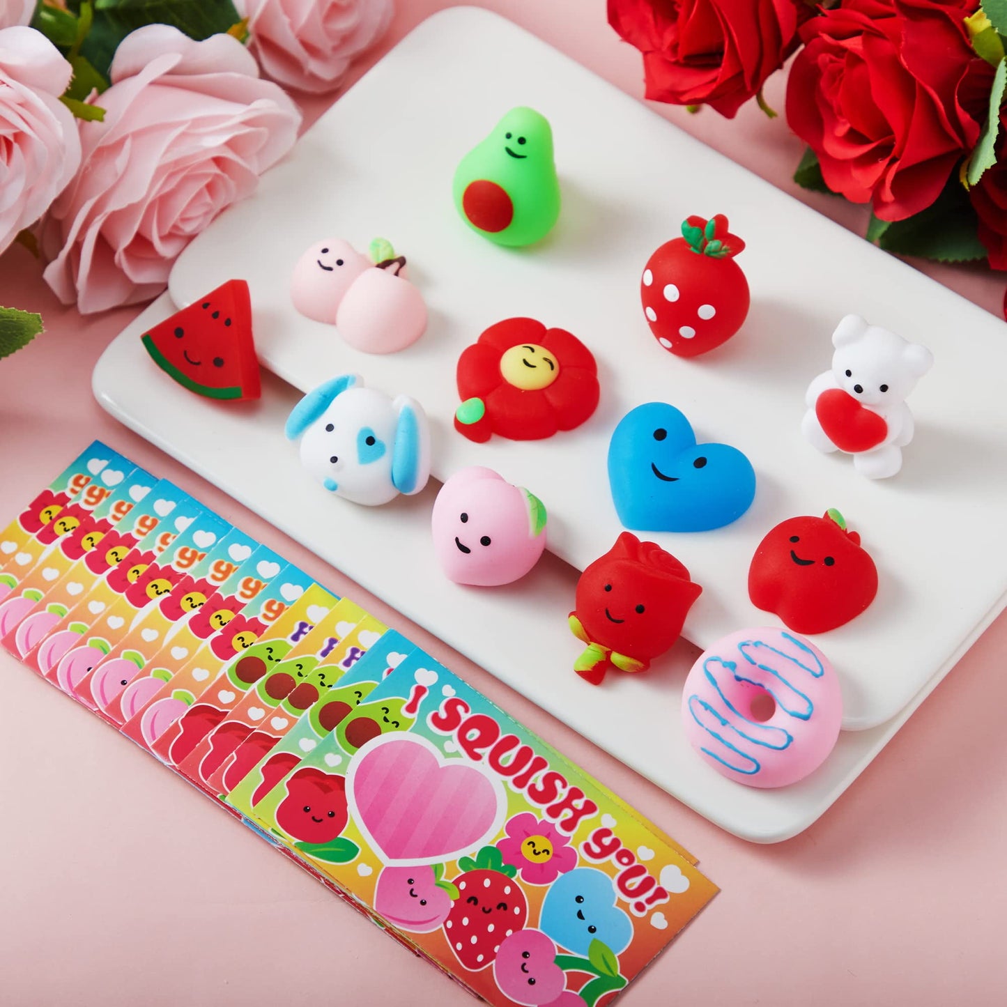 28 Packs Valentines Day Gift Cards with Mochi Squishy Toys, Stress Relief Fidget Toys for Kids Valentine Classroom Favors