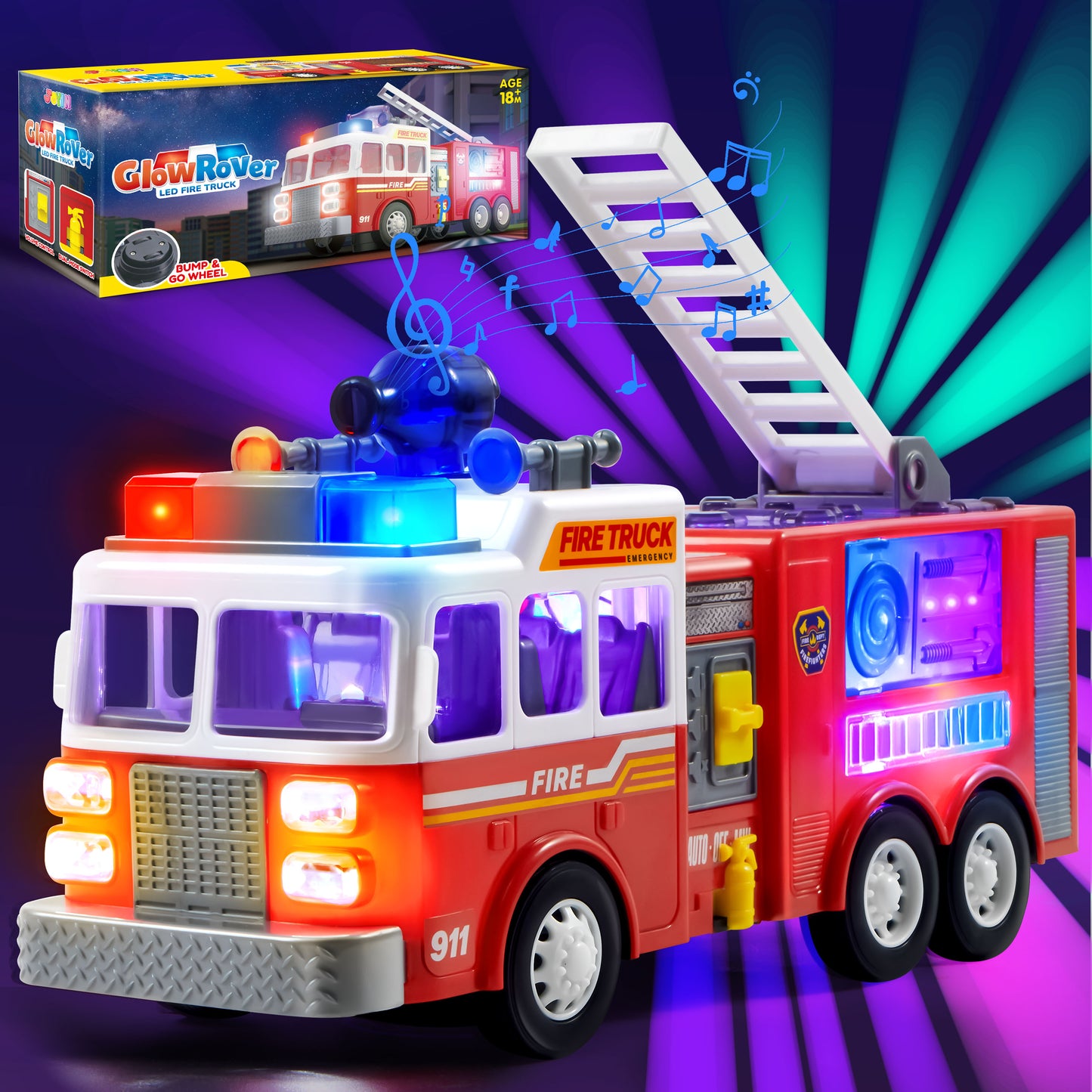 Joyfy Fire Truck Toy, Bump and Go Fire Engine Trucks with LED Projections & Sirens, Boys & Girls Firetruck for Kids Birthday