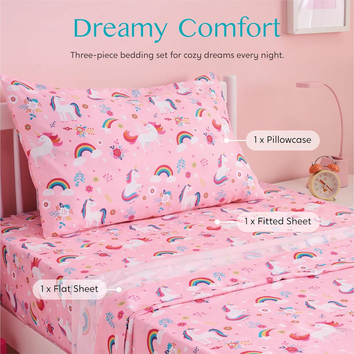 SYNCFUN 3 PCS Unicorn Kids Twin Sheet Set, Cozy Toddler Bedding Set - Soft Microfiber Bed Sheets - Fade Resistant Breathable for Boys Girls Teens