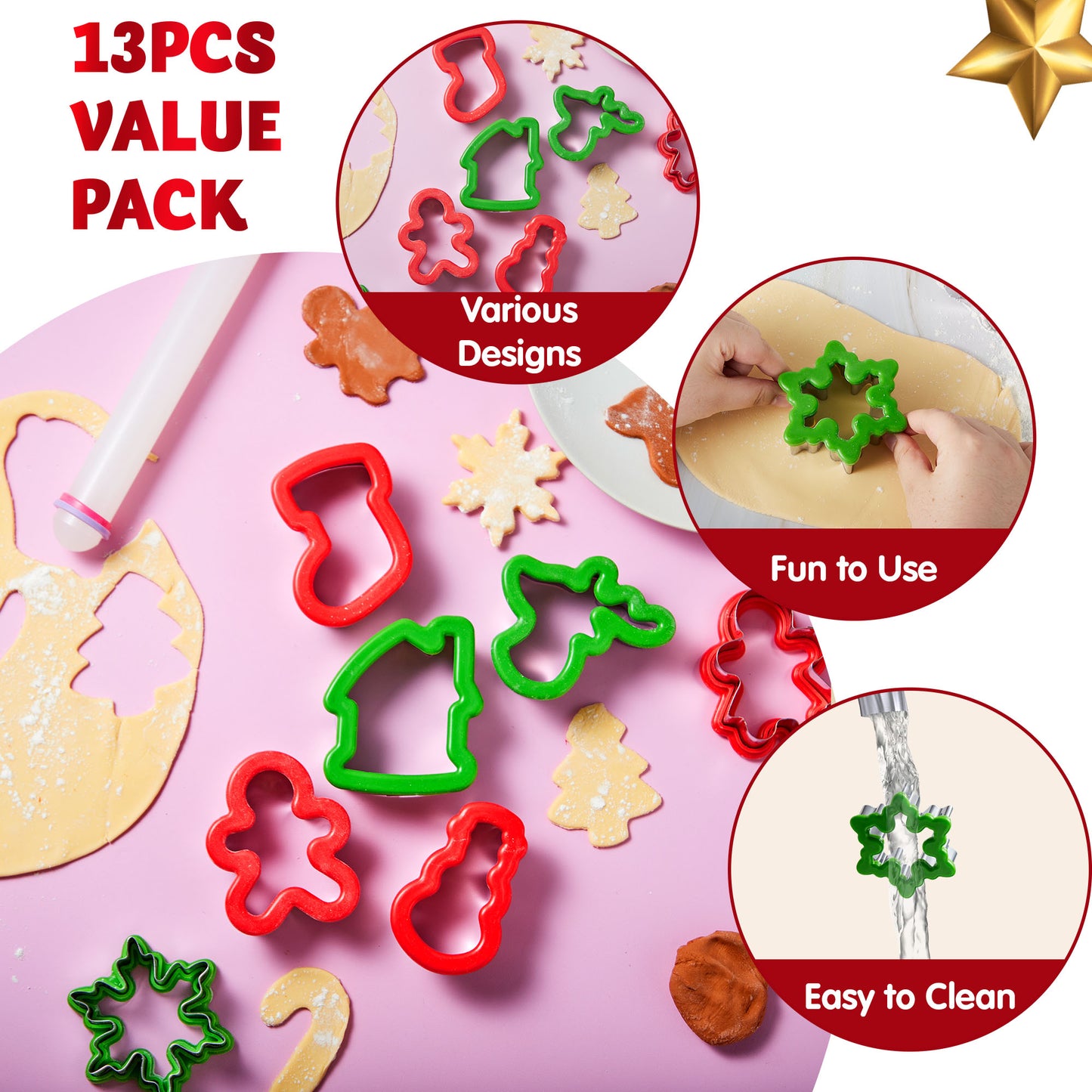 Joyfy 13 Pcs 3.5" Christmas Cookie Cutters with Rolling Pin for Christmas Party Cookies Baking