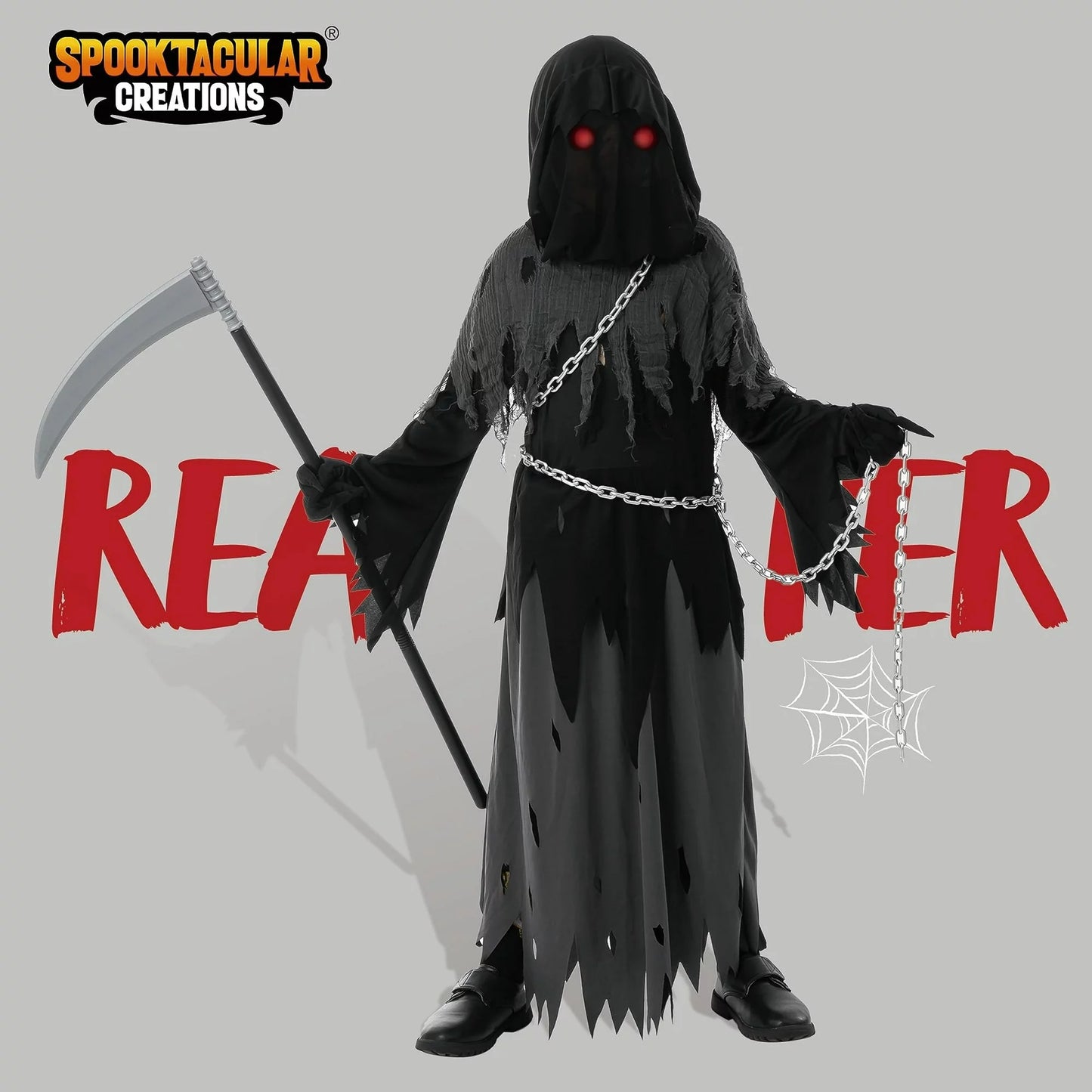 Spooktacular Creations Child Unisex Glowing Eyes Grim Reaper Costume for Creepy Phantom Halloween Costume, Large