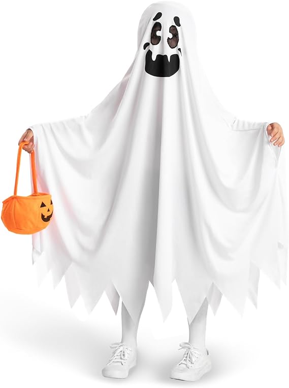 SYNCFUN White Ghost Costumes for Kids, Smile Ghost Costume with Pumpkin Basket for Halloween Spooky Trick-or-Treating Role Playing Cosplay 3-7 Years