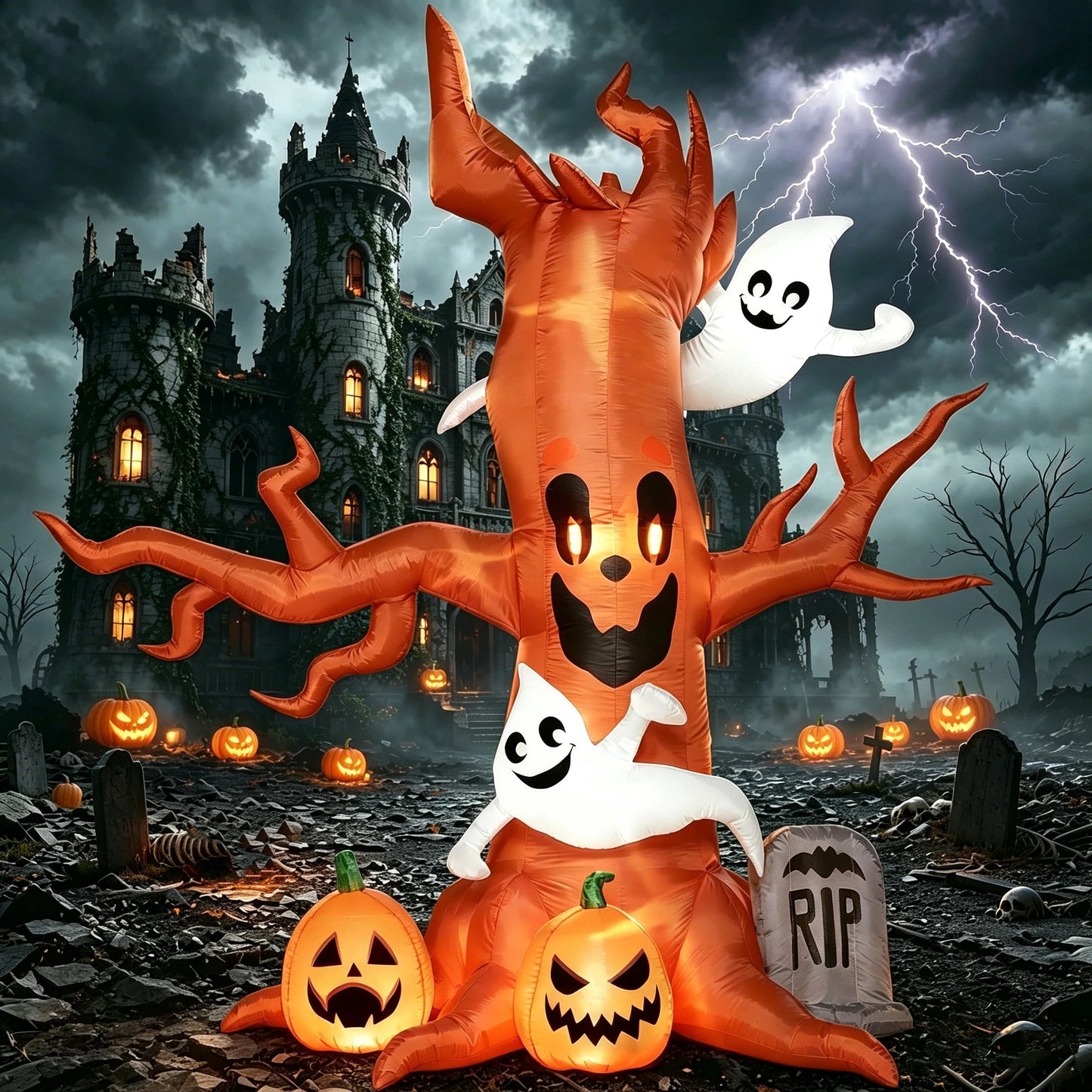 Joyfy 8 ft Halloween Inflatable Spooky Tree with Ghost,Pumpkin & Tombstone,Blow Up Decor with Built-in LED Lights for Outdoor,Yard,Garden and Lawn